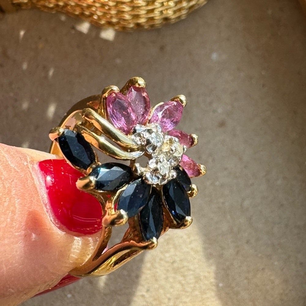 14K Yellow Gold, Pink and Blue Sapphires and Diamonds Ring 4.2g - Picture 2 of 14